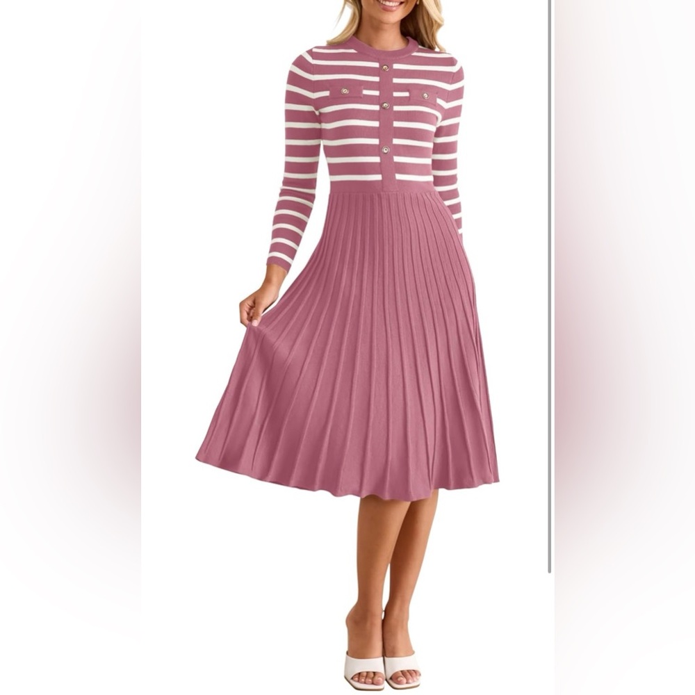 NWT Women Long Sleeve Striped Midi Dress Pleated A Line Swing Sweater Dress XL
A